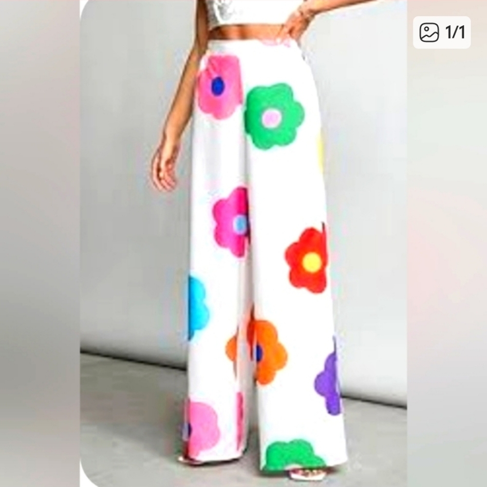 White Floral Print Wide-Leg Pants